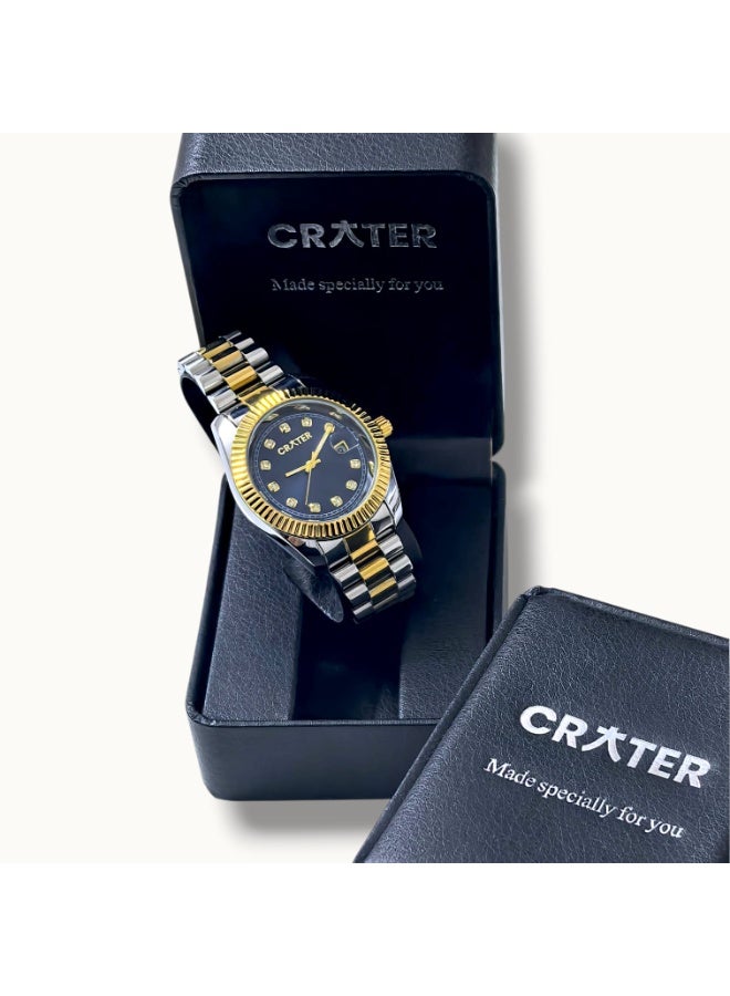 كريتر  ساعة كريتر (CRATER) للرجال – تصميم ملكي فاخر من الستانلس ستيل، مينا كلاسيكي مع عرض التاريخ، مقاومة للماء – تشمل علبة الماركة (فضي ذهبي/أسود). - Image 3